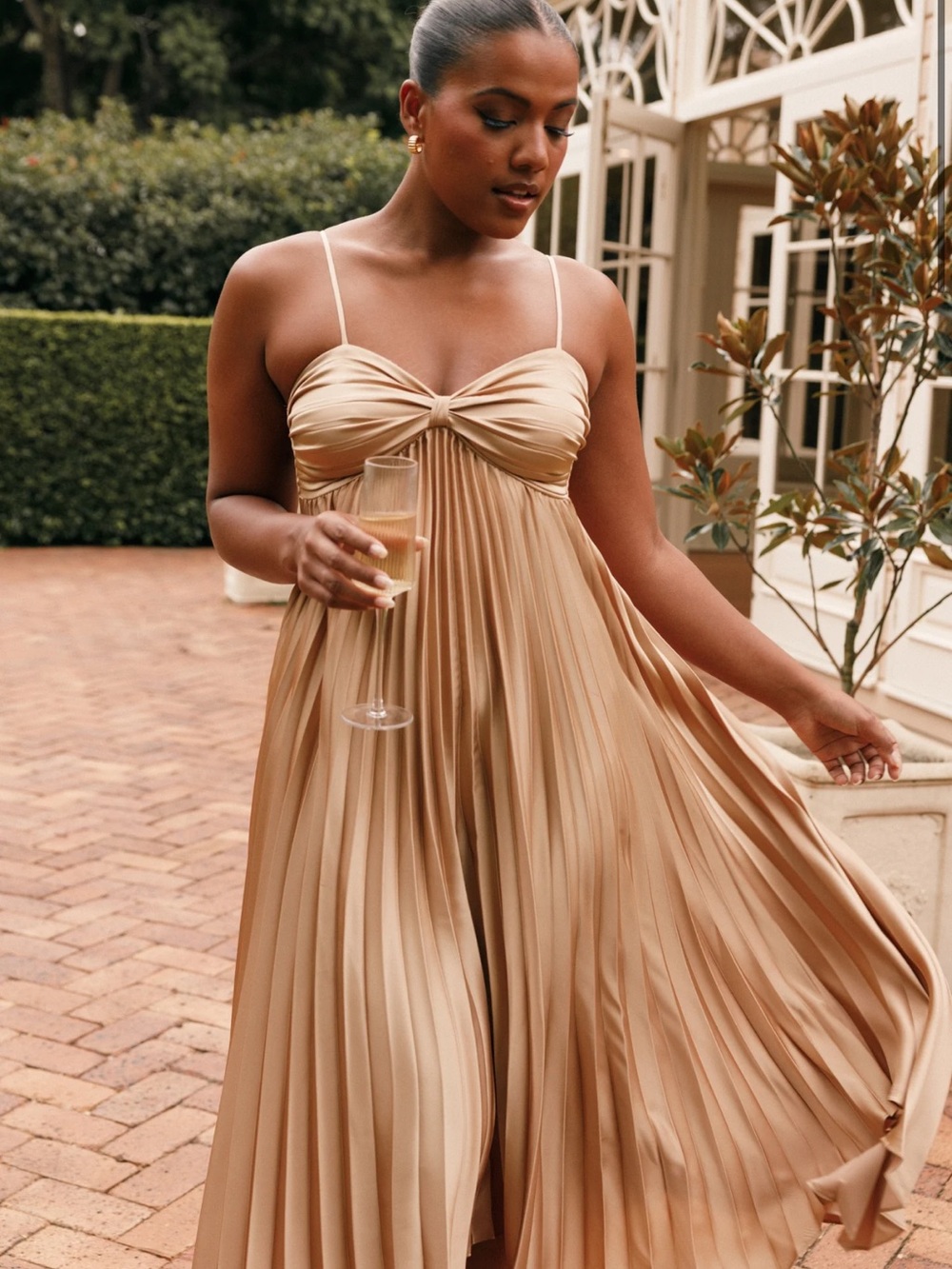 Petal & Pup Gold Asymmetrical Pleated Spaghetti Strap Dress - Picture 2 of 4
